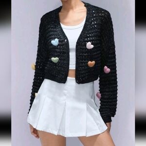 Casual American Style Romantic 3D Heart Hollow Black Cropped Cardigan For Women